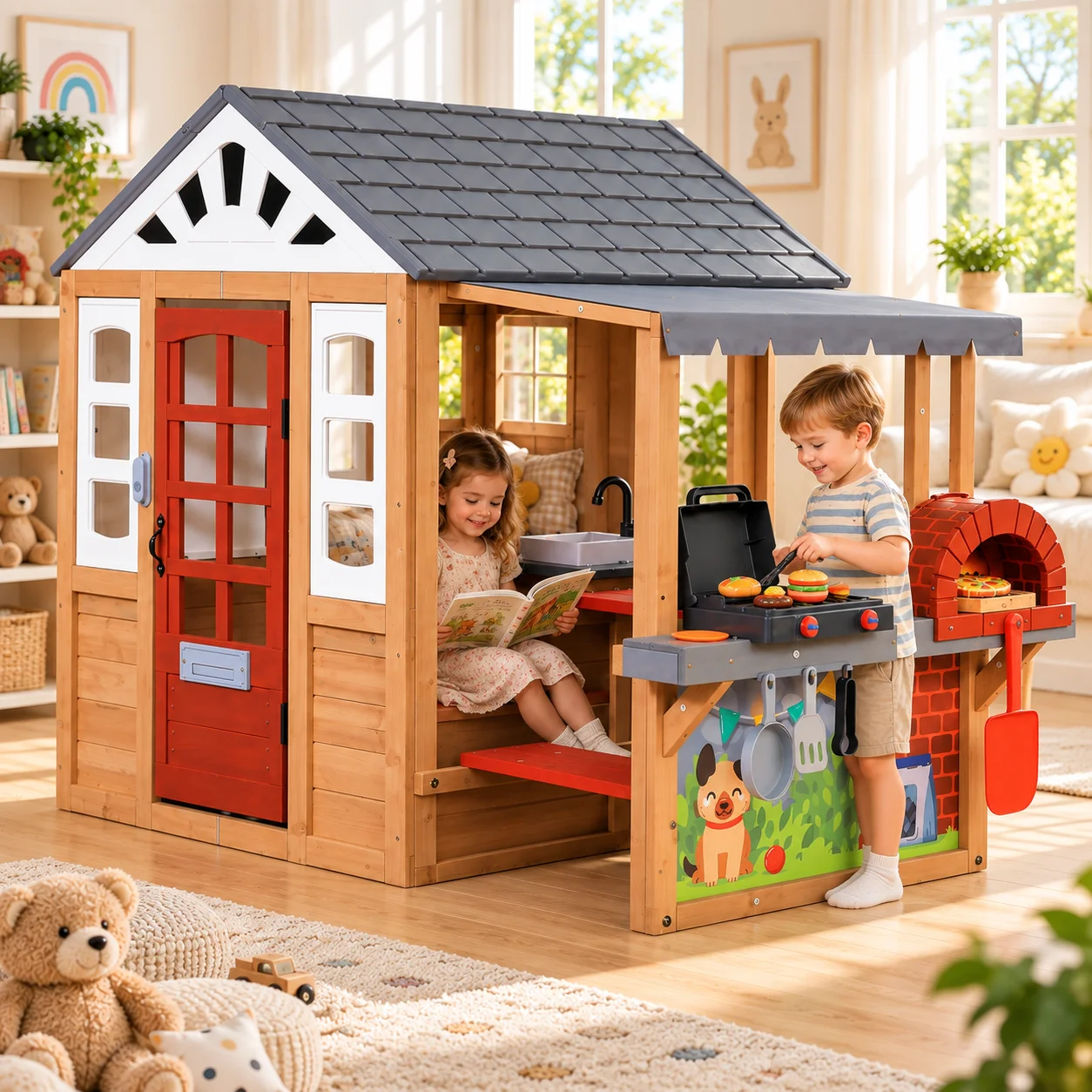 Kids Outdoor Kitchen Accessories - บ้านไม้สำหรับเด็ก พร้อมชุดครัว 17 ชิ้น, เตาปิ้งย่างกลางแจ้ง, เตาอบพิซซ่า,