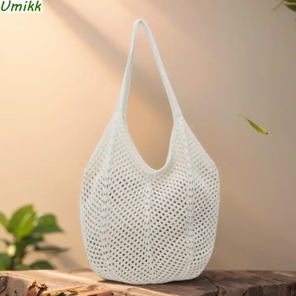 

Women Knitting Shoulder Bag Solid Color Crochet Mesh Bag Large Capacity Knitted Tote Handbag Female Outdoor Bag