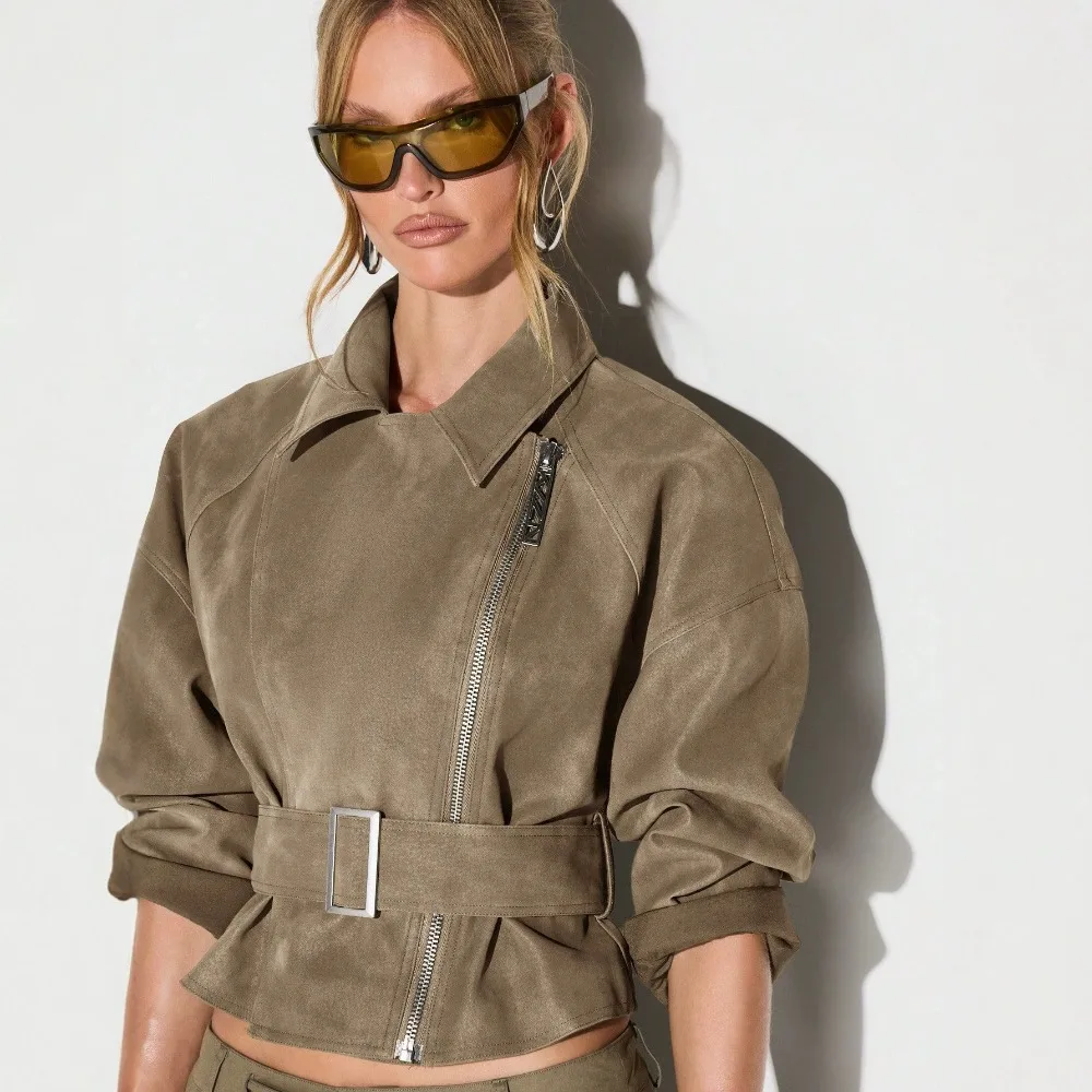 Imitation Suede Short Locomotive Jacket Women's Zipper Belt Stand-up Collar Retro Tooling The Texture Is Unique Fashionable