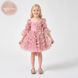 Fashion Baby Girl Princess 3D Flower Bow Dress Infant Toddler Child Sequins Tulle Vestido Pageant Birthday Party Ball Gown 1-12Y