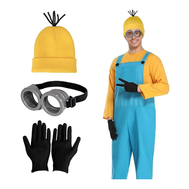 3 PCS Minions Cosplay Costume Man Women Halloween Party Cos Steampunk Goggles Decorative Glasses Beanie Hats Black Gloves Set