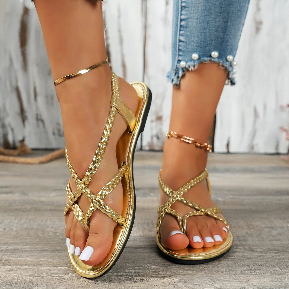 

Women Sandals Ladies Braided Flat Clip Toe Summer Slippers Outside Lightweight Elastic Band Slides Women Fashion Woman Sandals
