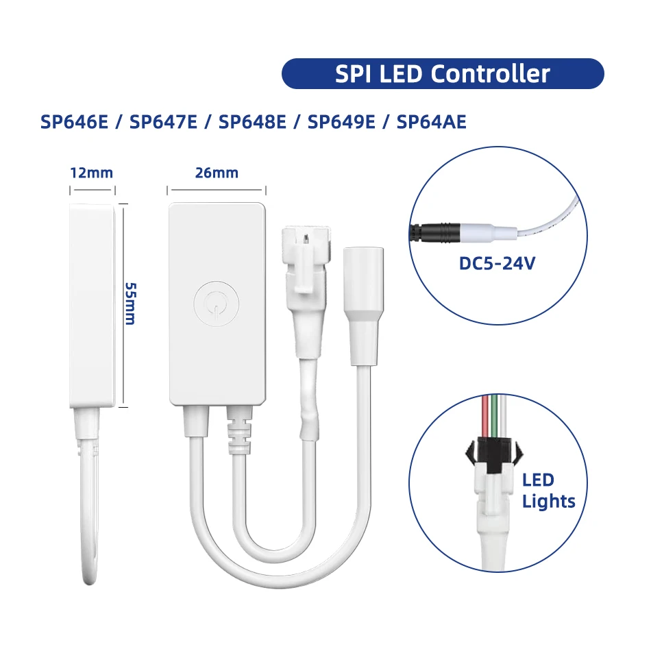 Imagem -05 - Controlador de Luz Led Bluetooth Inteligente dc 5v 12v 24v Spi Ttl Endereçável para Lâmpadas de Pixel de Baixa Voltagem Sp646e Sp647e Sp648e Sp649e Sp64ae Dimmer Musical e Controle Remoto sem Fio rf 2.4g