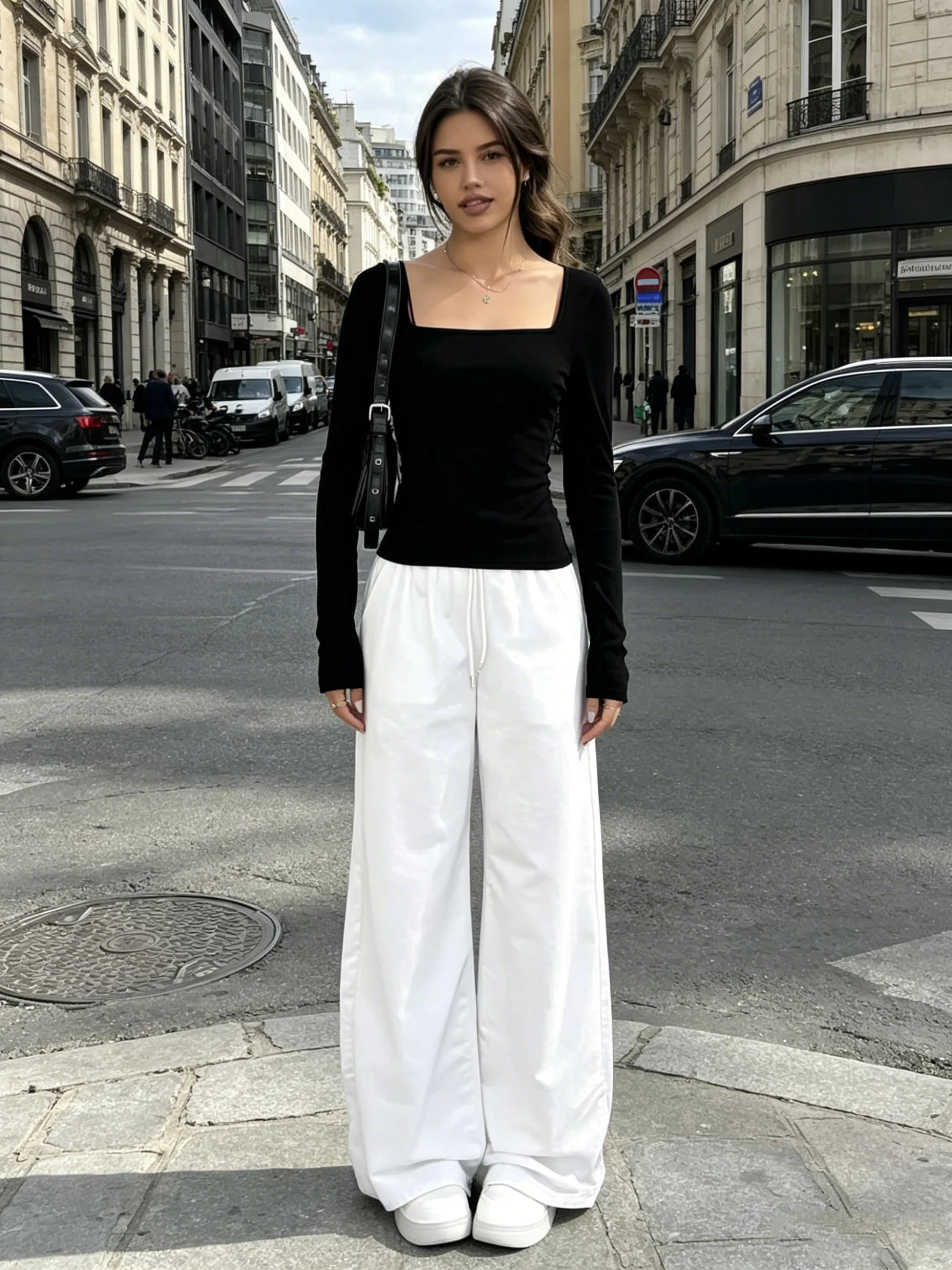 Women's Suit Square Neck Solid Color Long Sleeved T-Shirt Top + Elastic Waist Solid Color Wide Leg Pants Long Pants Set