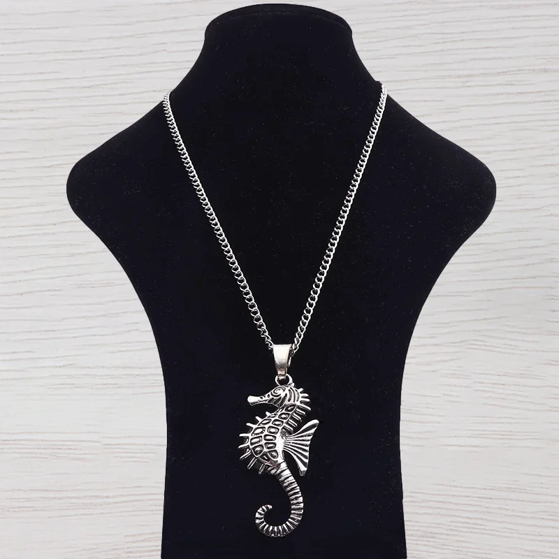 1 x Tibetan Silver Color Large Sea Horse Seahorse Hippocampus Pendant Necklace on Long Link Chain Lagenlook 34