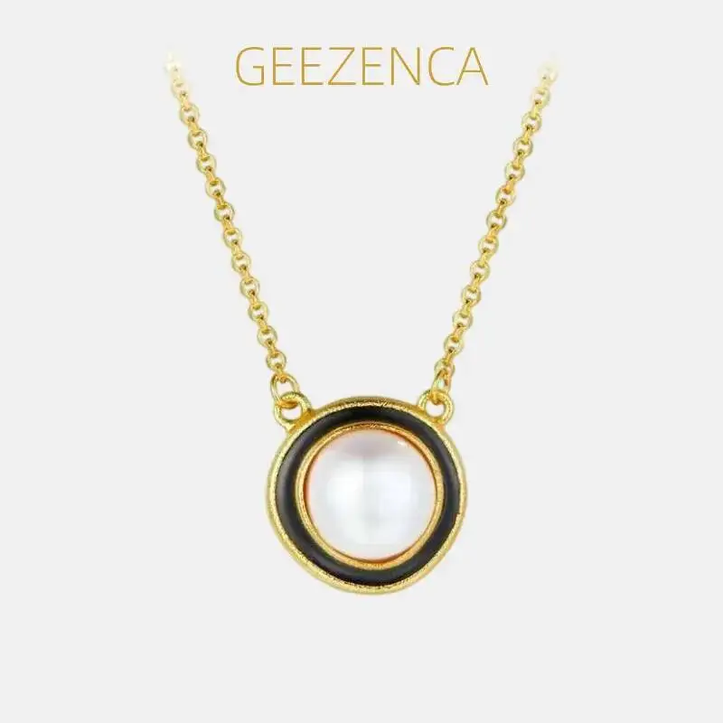 

GEEZENCA Natural Pearl 925 Silver 18K Gold Round Pendant Necklace For Women Black Enamel Minimalism Chokers Necklaces Gift