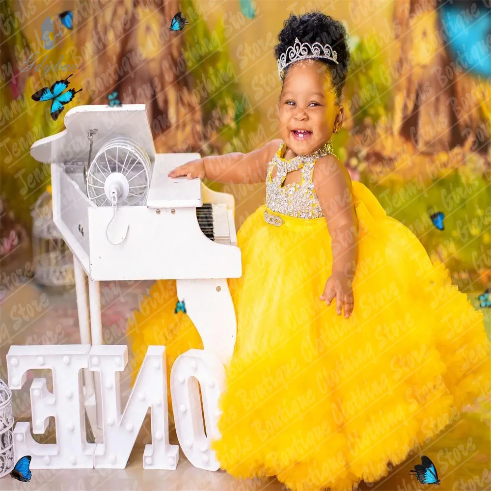 Customized Tulle Ruffles Flower Girl Dresses Beaded Yellow Kids Ball Gown Crystals Tiered First Birthday Prom