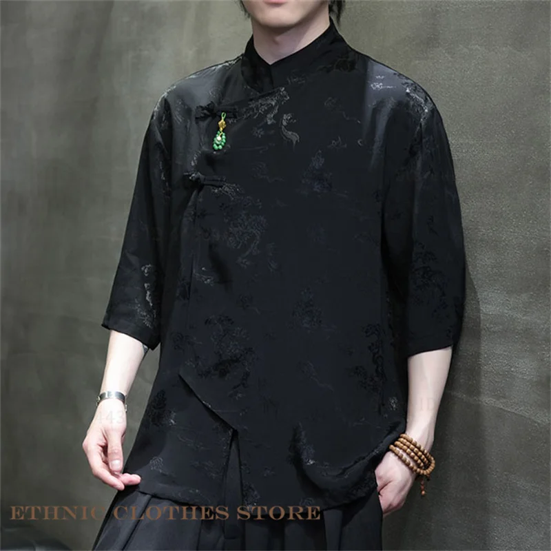

Large Size Male Tang Suit Shirt Chinese Style Jacquard Handmade Buttons Hanfu Tops Men's Jacket Loose Casual Satin Lounge Wear