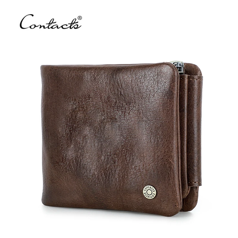 

CONTACT'S Genuine Leather Men Wallet Small RFID Casual Trifold Short Wallets Zipper Coin Pocket Male Card Holder Purse