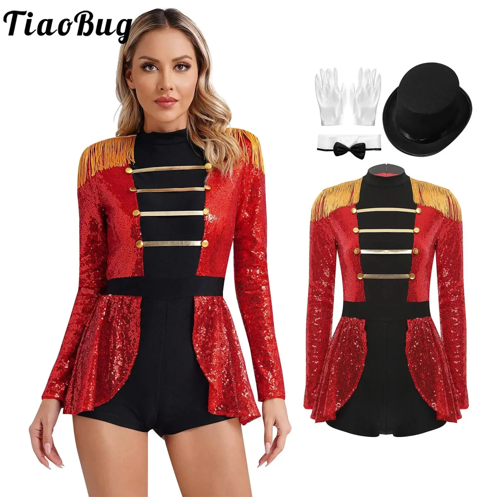 

Womens Sequins Ringmaster Jumpsuit Costume Halloween Tassel Shoulder Skirted Bodysuit Circus Director Lion Tamer Cosplay Outfits