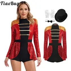 Womens Sequins Ringmaster Jumpsuit Costume Halloween Tassel Shoulder Skirted Bodysuit Circus Director Lion Tamer Cosplay Outfits