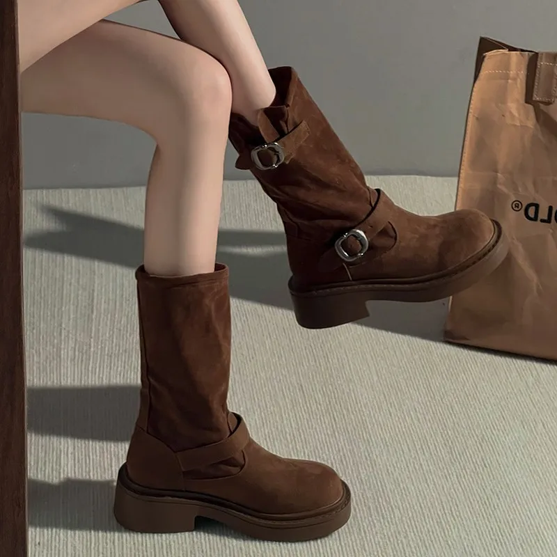 

Autumn 2025 Women Shoes Chelsea Women Boots Buckle Mid Heels Casual Sport Running Round-toed Suede Ankle Zapatillas De Mujer