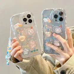 Korean 3D Cartoons Bear Clear Case for IPhone 15 14 13 12 11 Pro Max Plus XR XS X 7 8 Plus Silicone Bracelet String Flower Cover
