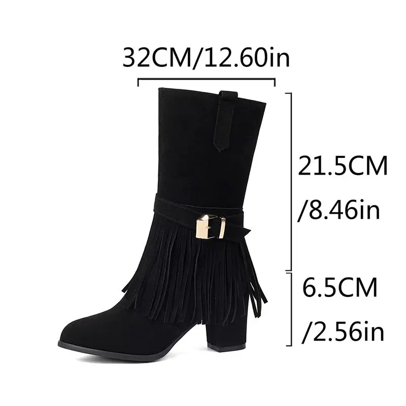 Girseaby 2024 Fashion Women Boots Flock Suede Chunky Heels 6.5cm Zipper Belt Buckle Fringe Plus Size 41 42 43 Party Dating Bota