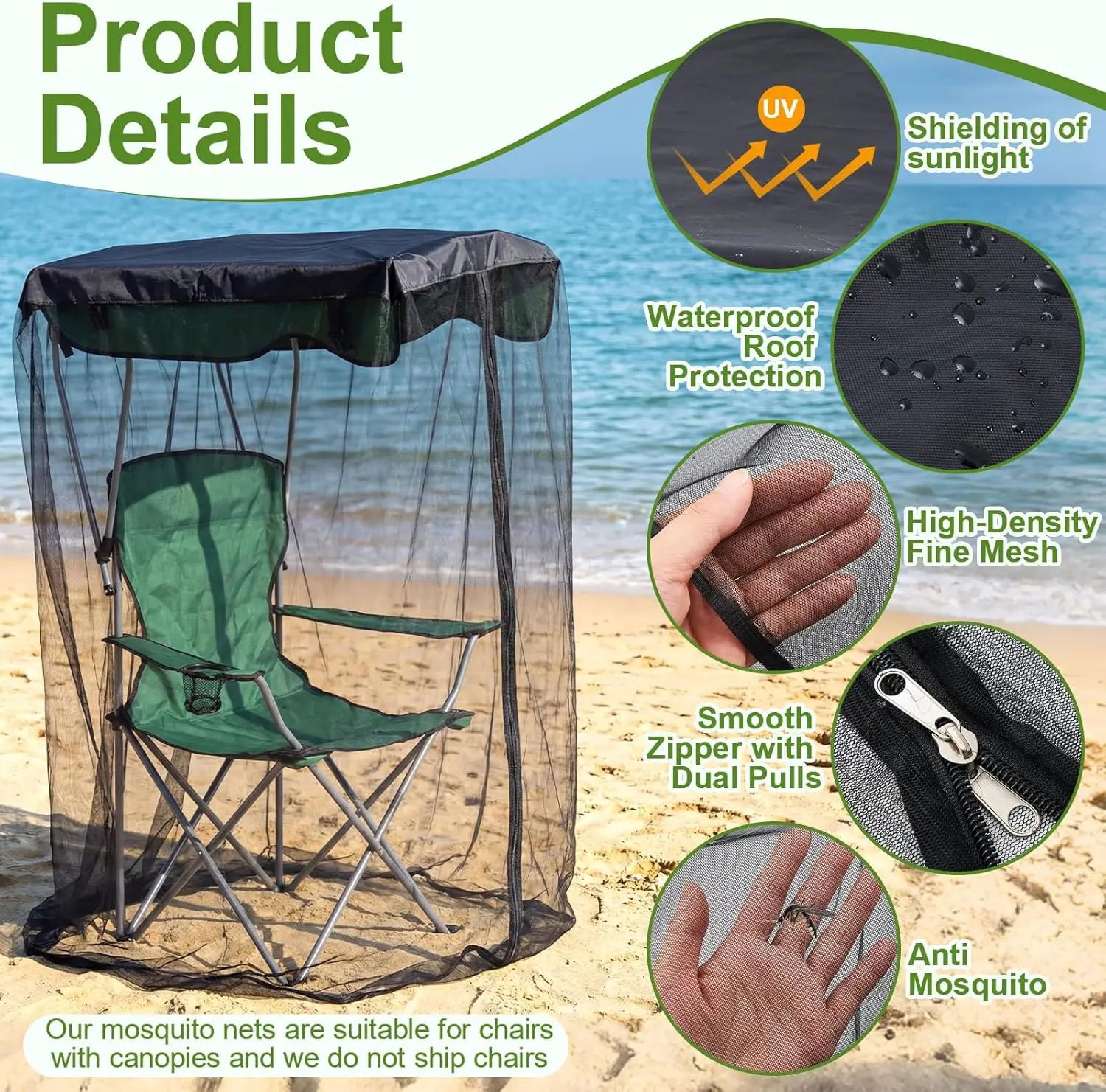 Fishing Chair Mosquito Net Cover Mesh Zipper Opening Bug Mesh Tent for Beach Camping Outdoor Patio Garden Swings Outdoor