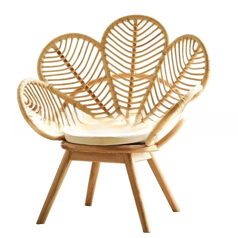 

True rattan woven casual dining chair, simple petal Indonesian rattan Nordic backrest armchair