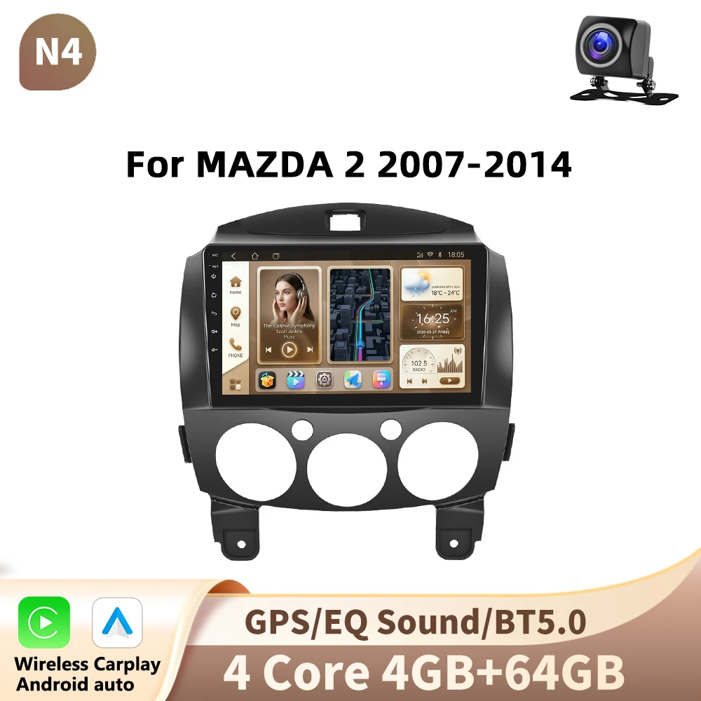 Podofo Android voor MAZDA 2 2007-2014, autoradio multimediaspeler met draadloze CarPlay en Android Auto, 2-din, geen DVD-speler.