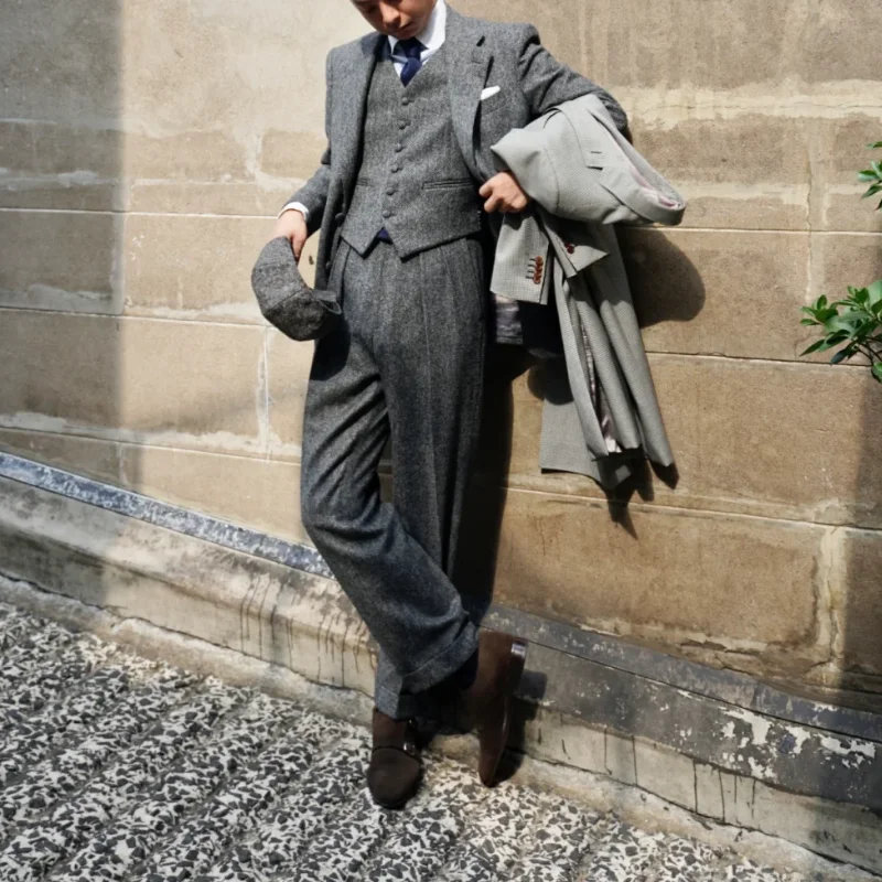 

British Retro Men's Suit Set Autumn Winter Herringbone 3-piece Set (vest+jacket+pants) Gray Men's Breze Banquet Business Casual