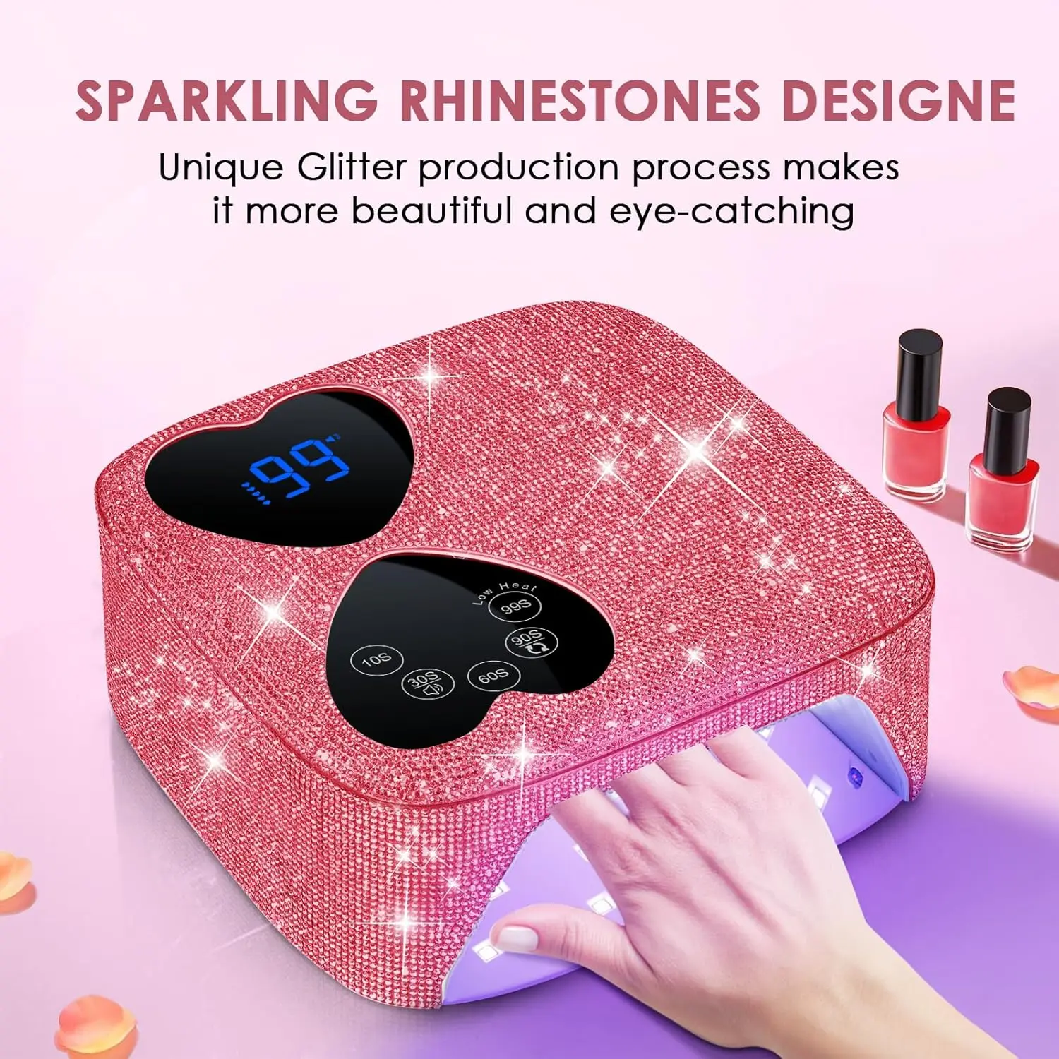 80W Cordless UV LED Nail Lamp with 5 Timers, Mirror Base & Sparkling Rhinestones for Gel Polish Drying
