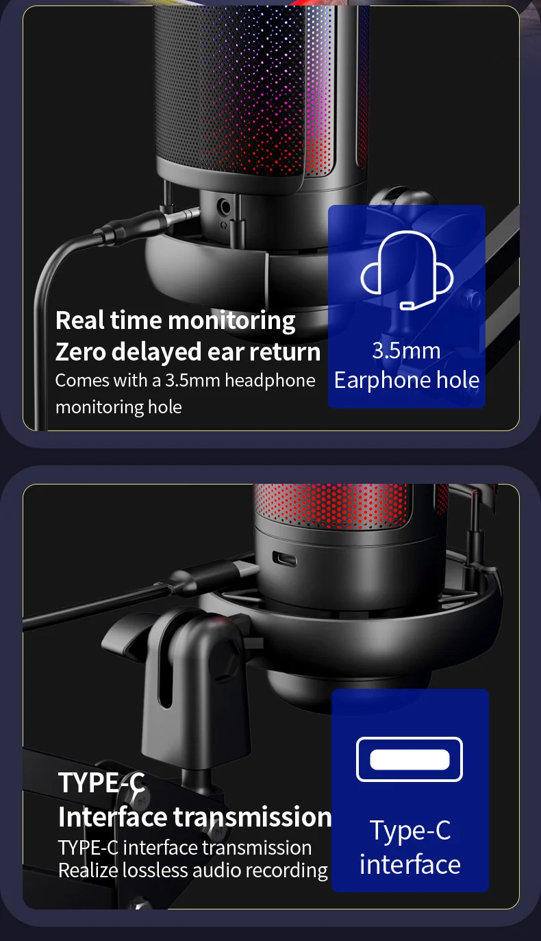 ME6S USB Condenser Gaming Professional Podcast Microphone Studio Recording Microphone Ampliant RGB Gaming Microphone