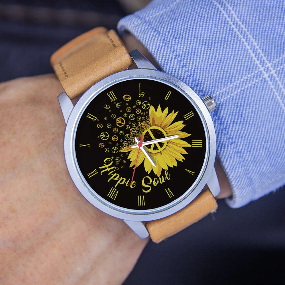 Hippie Soul Sunflower Design Silver Man Personality Watch Traditional Pointer Simple Fashion Watches Gift Black Rose Gold Case
