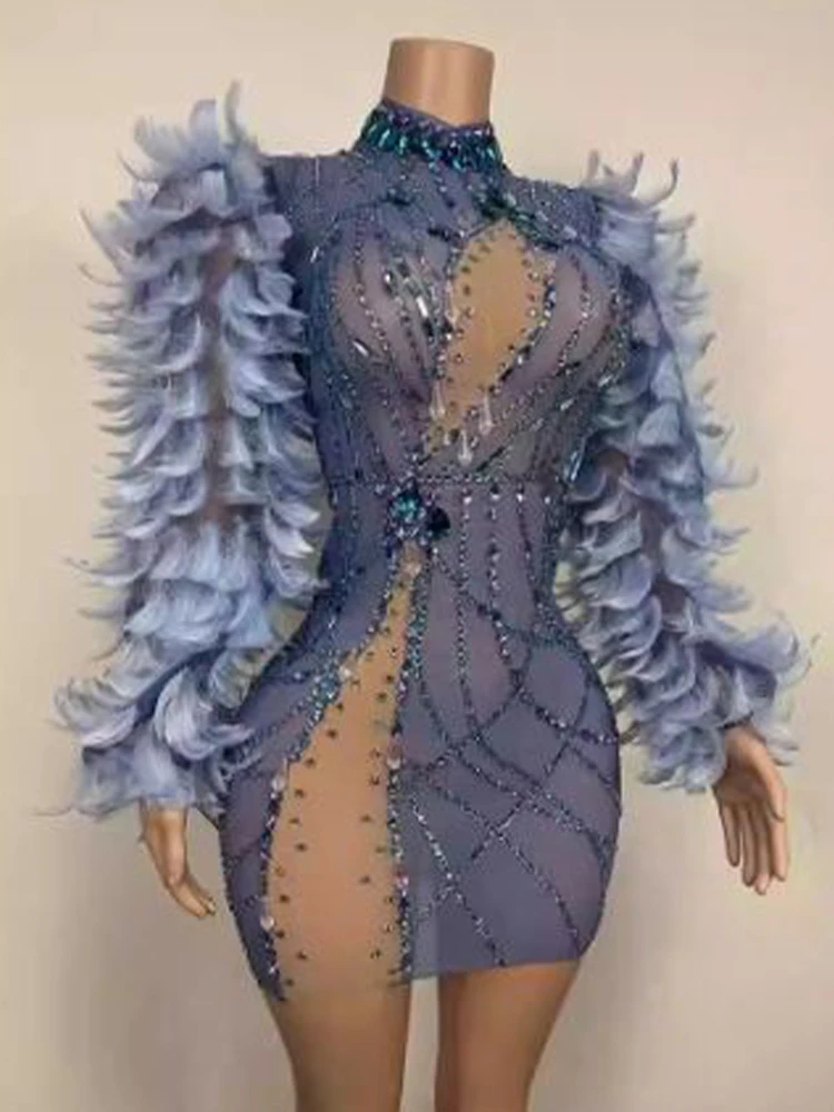 

High Quality Hot Diamond Elastic Feather Bubble Sleeve Wrap Buttocks Dress 2024 New Fashionable Women'S Clothing