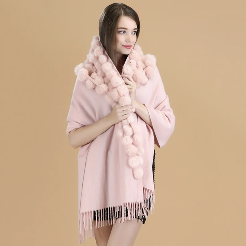 ZDFURS*Luxury Brand Scarf Women Winter Thick  Genuine Rabbit Fur Pompom Ball  Shawls and Women\'s Wool Cover Cashmere Pashmina