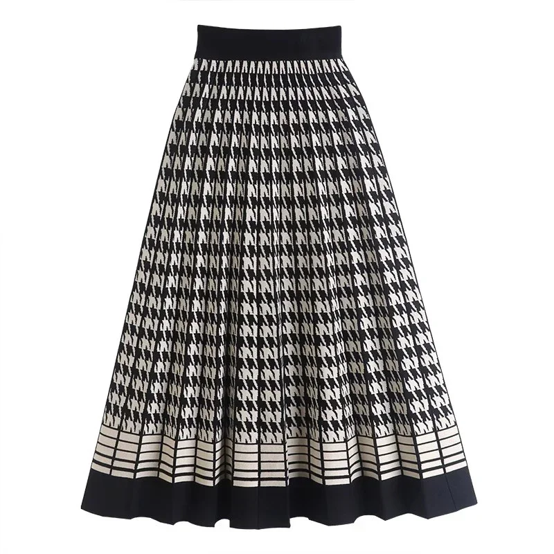 

Vintage Knitted Skirt for Women Autumn Winter Elegant Plaid High Waist Pleated Long Skirt Female U430