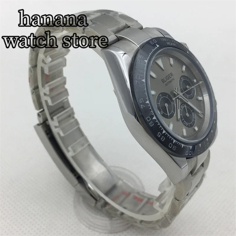 BLIGER автоматические механические часы для мужчин, керамический безель 39 мм, серый циферблат, маленький черный циферблат, сапфировое стекло, браслет из нержавеющей стали