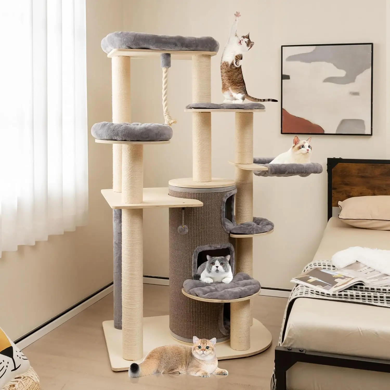 

Tangkula 67 Inch Multi-Level Tall Cat Tree, 3-Story Cat Condo with Top Perch, Hammock, Sisal Scratching Posts, Spring Ball,