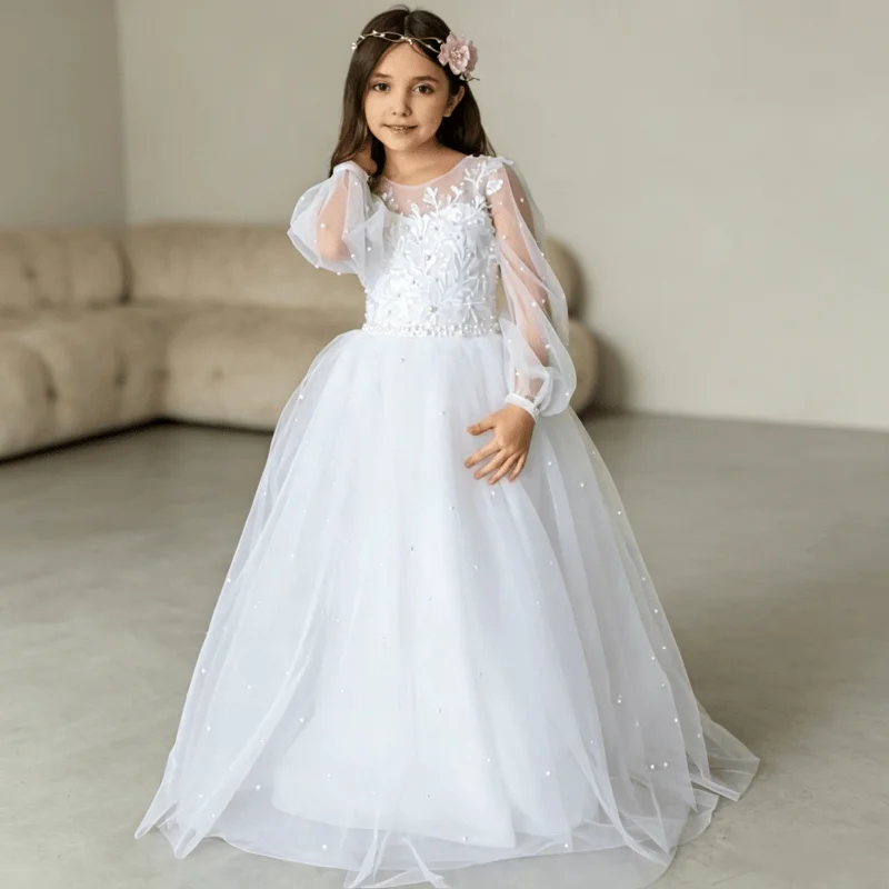 Custom Flower Girl Dress For Wedding Round Neck Cape Sleeve Lace Beaded First Communion Baptism Birthday Pageant Formal Outfit