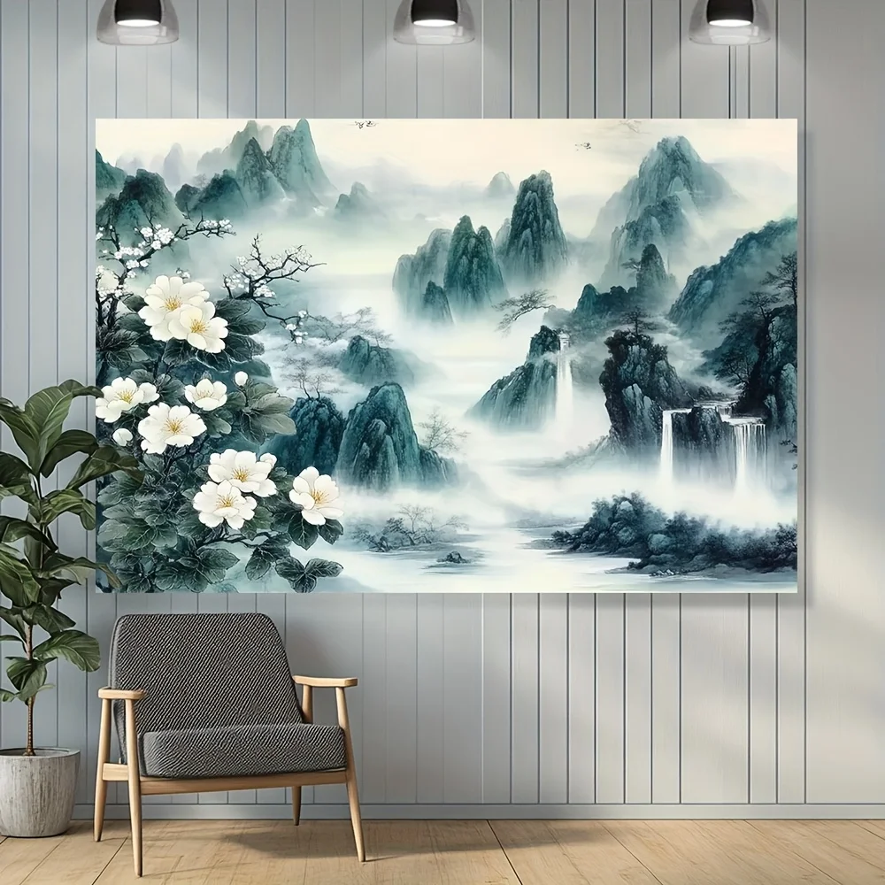 1pc Floral landscape waterfall pattern tapestry, polyester fabric, machine washable, suitable for bedrooms and living rooms.