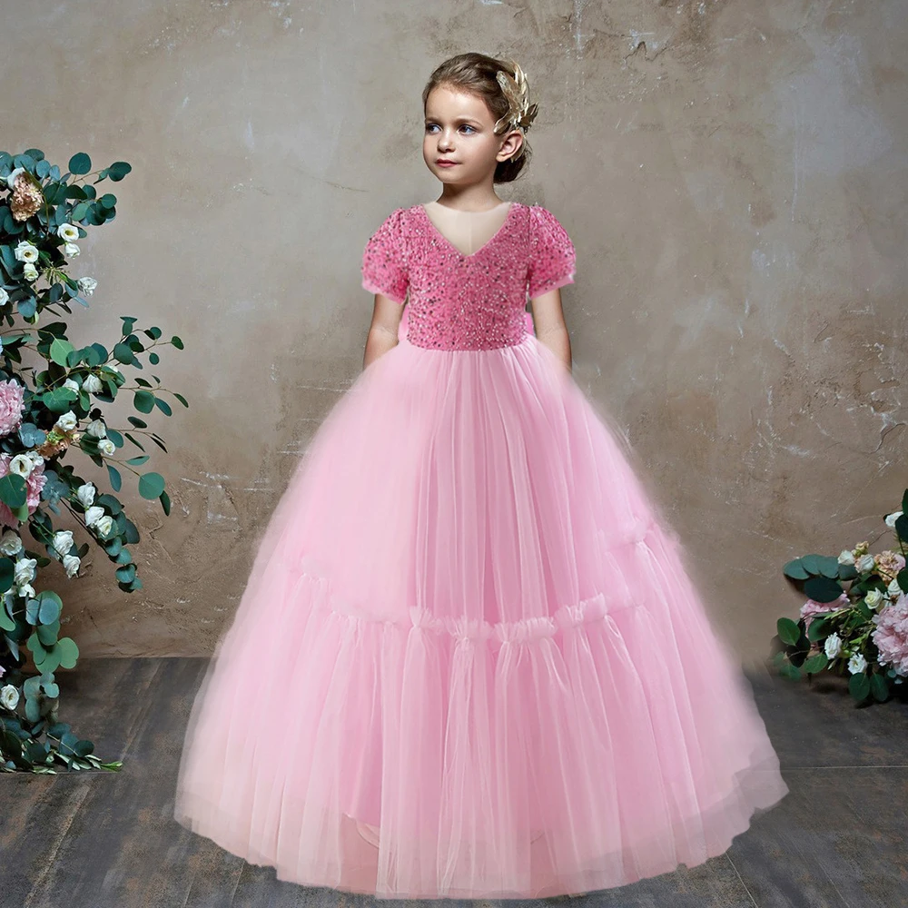 

Girls Party Dresses Sequined Bow Gala Prom Gown For Children Kids Formal Events Costume Birthday Princess Clothes Vestidos