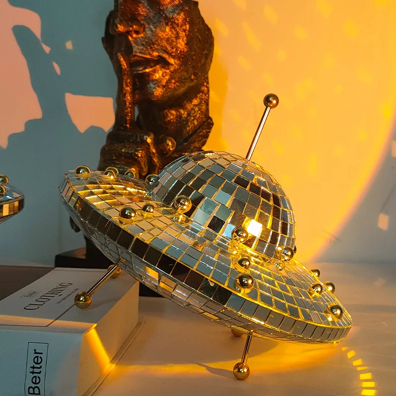 UFO Mirror Disco Ball Reflective Ornament Creative Space Art Craft Vintage Funny Desktop Decoration