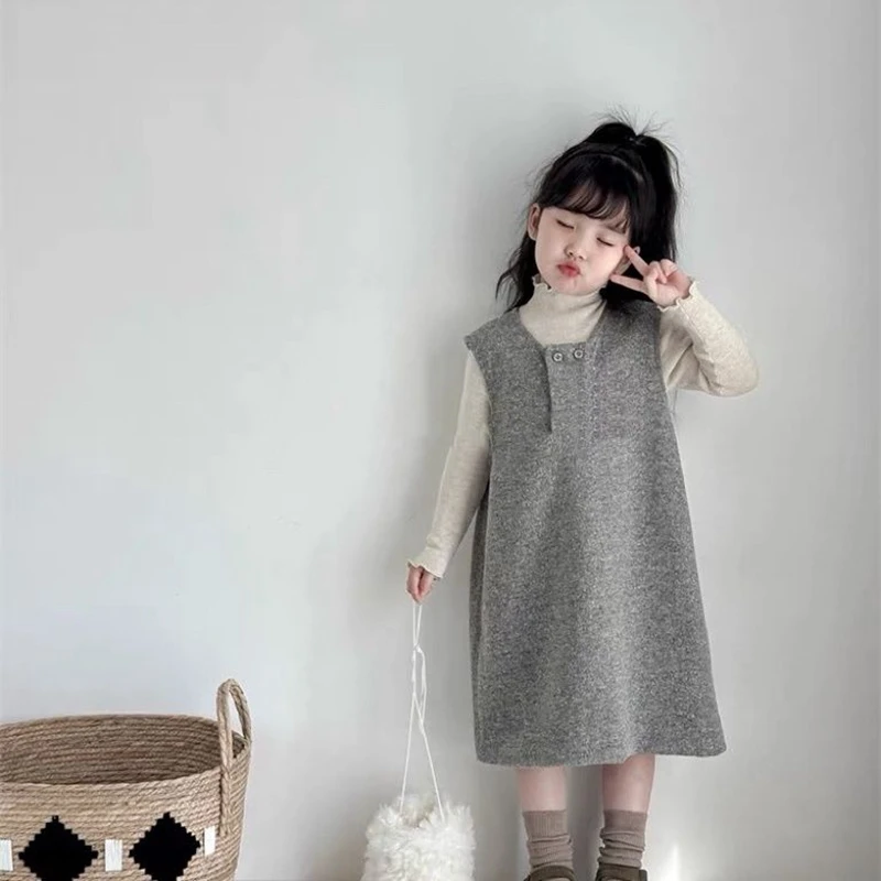 

1-9Years Baby Toddler Tank Dresses for Girls Autumn Long Sleeveless Dress Clothing Infant Girl Gray Outfits 2 3 4 5 6 7 8