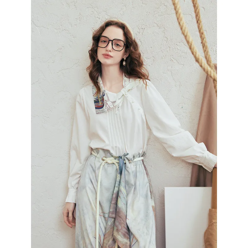 

Van Gogh-Inspired Dawn Dusk Chiffon Blouse with Bow Tie & Asymmetrical Hem