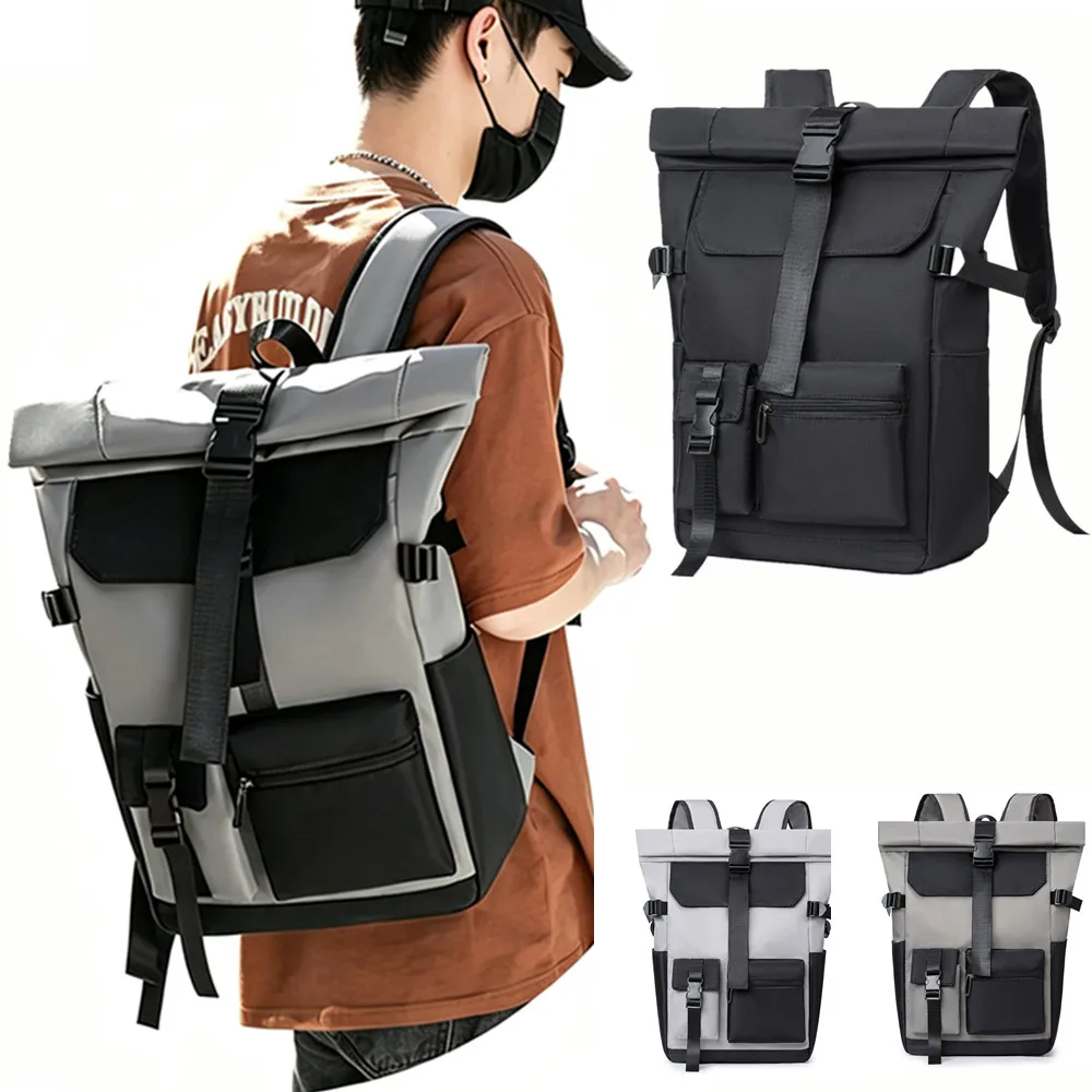Men Roll Top Backpack Splicing Color Rucksack Water Resistant 15.6 Inch Laptop Bag Large Capacity Casual Travel School Daypack