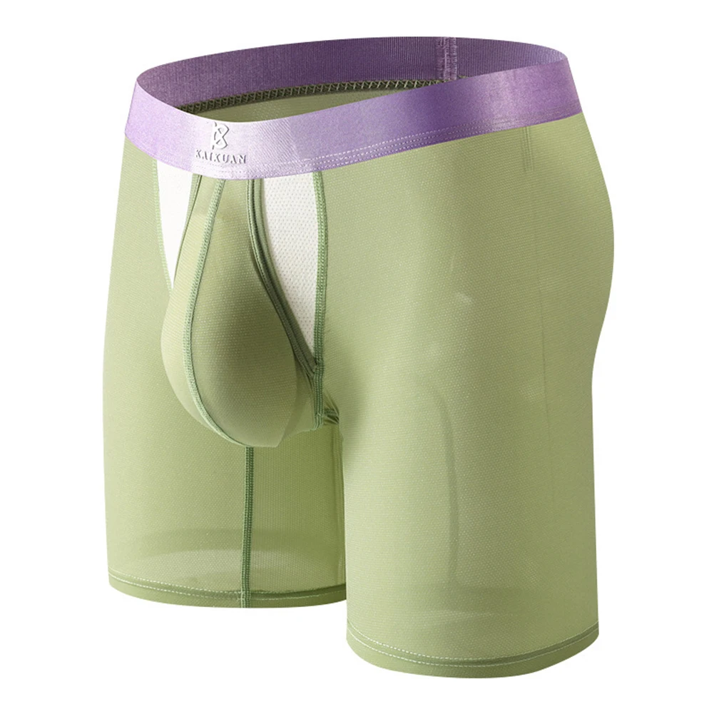 

Men's Ice Silk Boxers Underwear Long Leg Shorts Sports Mesh Separate Pouch Trunks See Through Seamless Underwear Boxer Short
