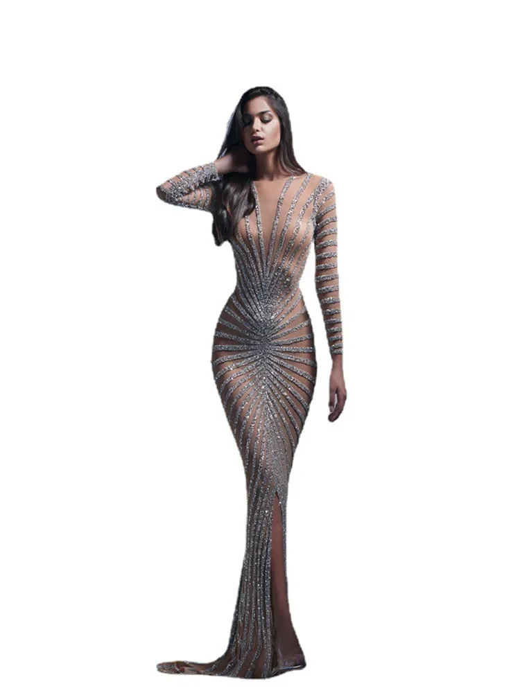 Spring New European and American Fashion Hot Diamond Women's Clothing Mesh Perspective Long Sleeve Split Long Dress Dress