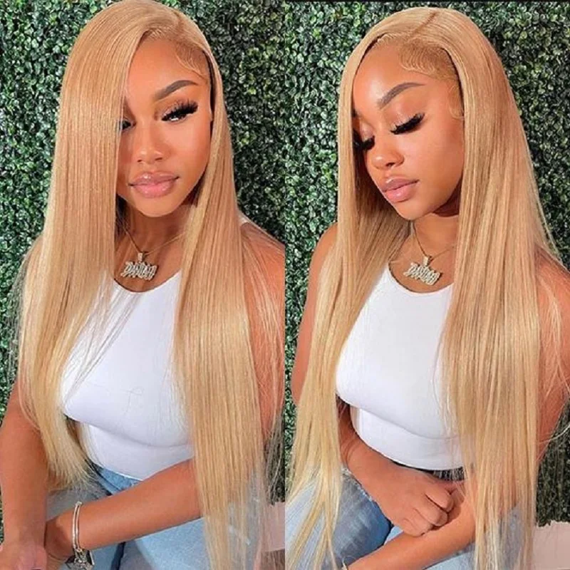 

#27 Honey Blonde Colored Lace Frontal Wigs Brazilian Straight Lace Front Wigs 13X4 Lace Front Human Hair Wigs For Women