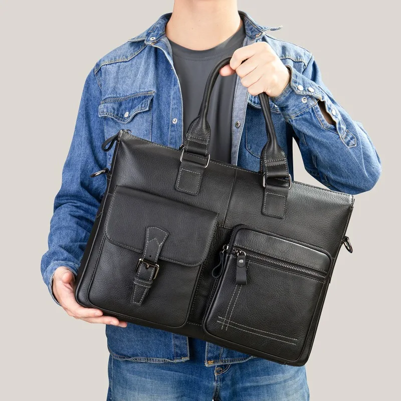 Men's Genuine Leather Briefcase Large Capacity Multi Pocket Professional Business Office Commute Bag