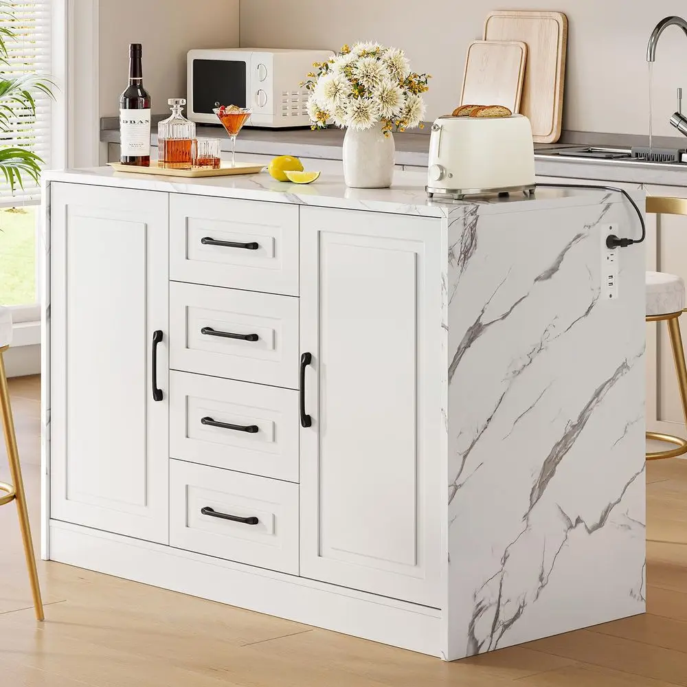 

47.3 Kitchen Island with 2 Storage Cabinets amp 4 Drawers, Modern Imitation Marble Dining Table with Power Outlet, Island Bar T