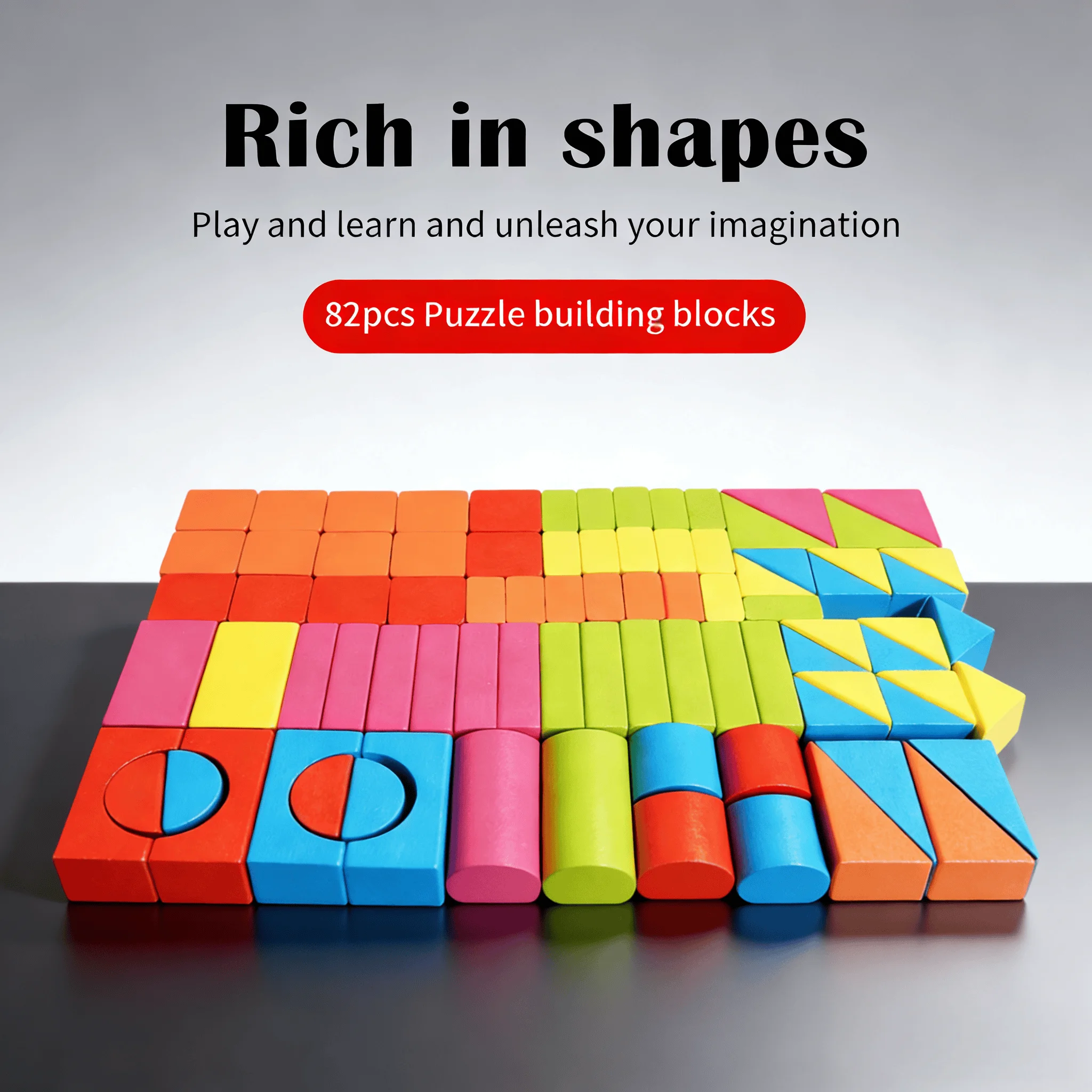 82ピースのジャンボ木製ブロック（3～8歳向け）、大きな窒息防止機能付き積み木、創造的なスタッキング＆分類遊びに最適