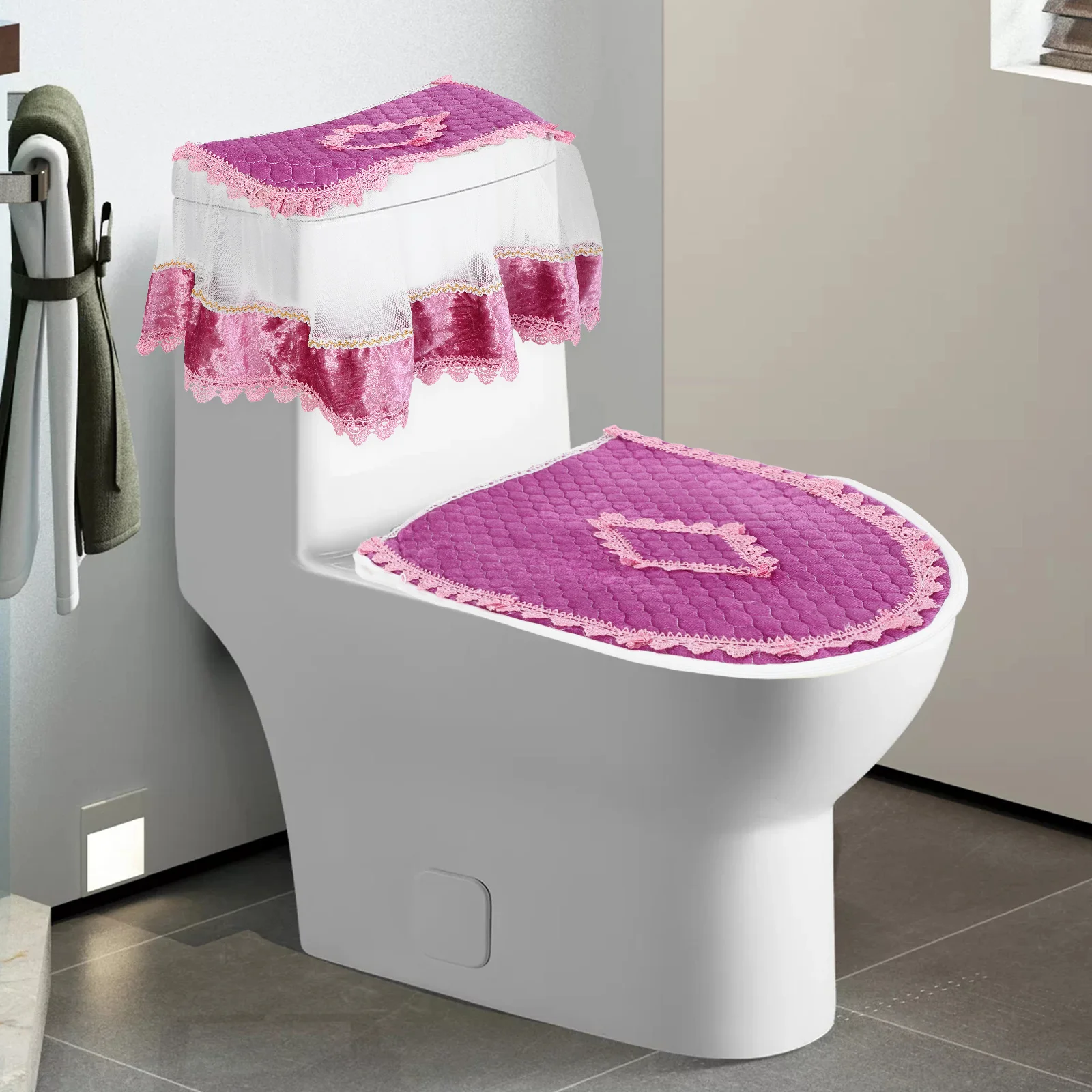 

European Style Toilet Seat Cover Set Tank Cover Cushion Pad For Standard Toilets Winter Warmth Purple Home Decor