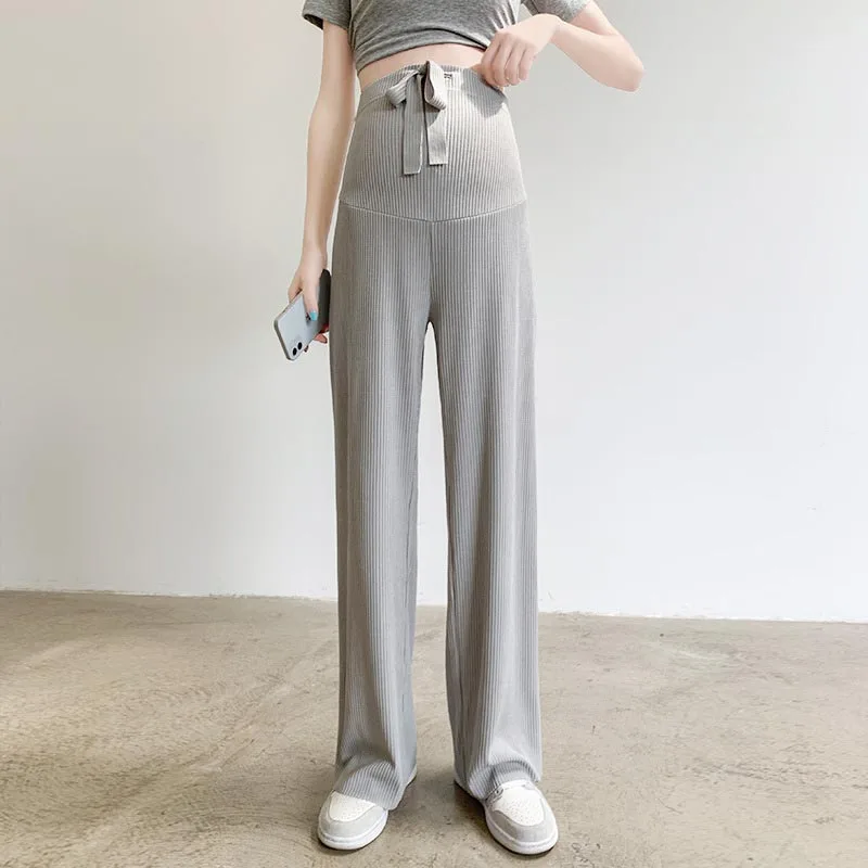 Maternity Ice Silk Wide Leg Pants Solid Color High Waist Thin Cool Pregnant Woman Straight Trousers Long Loose Pregnancy Pants