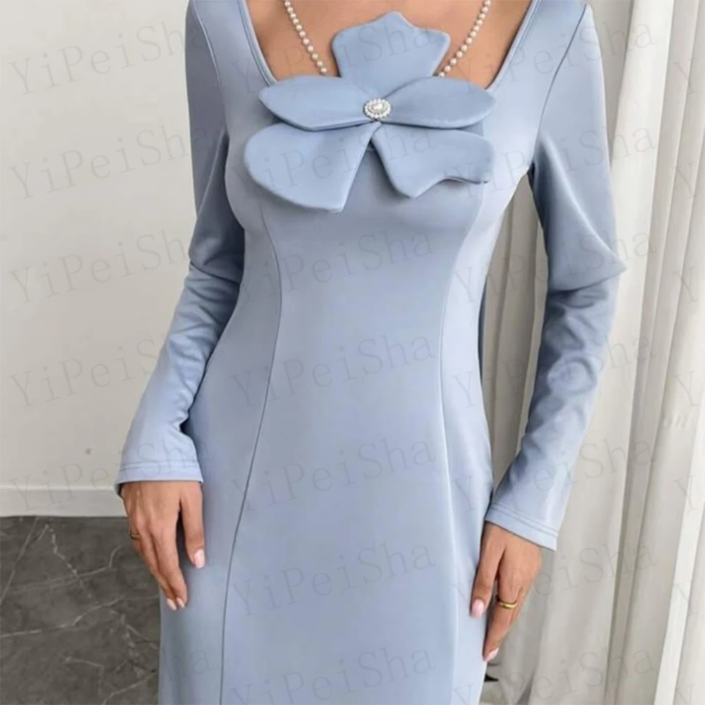 Customized Straight Prom Dresses Ankle-Length Square Collar Full Sleeve Evening Gown Fashion Side Split Flowers Party Gown