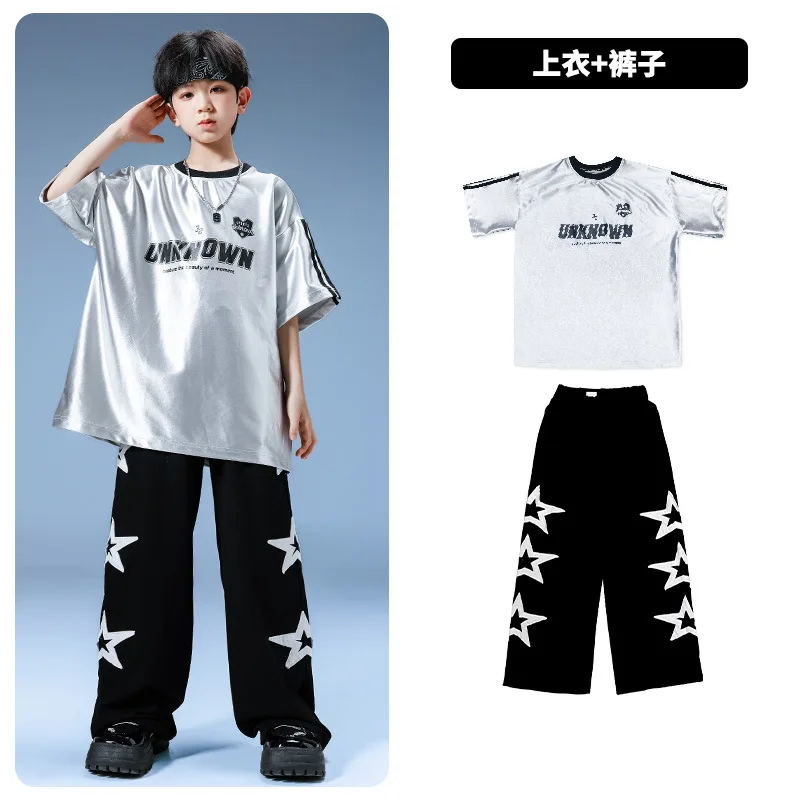 Boys Hip Hop Reflective T-shirt Loose Pants Girls Cool Sliver Sequin Streetwear Kids Street Dance Clothes Set Child Jazz Costume