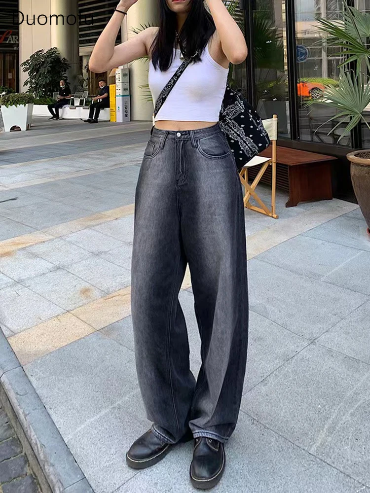 Duomofu Grey New Basic High Waist Slim Street Female Jeans Autumn Classic Full Length Fashion Simple Straight Casual Women Jeans