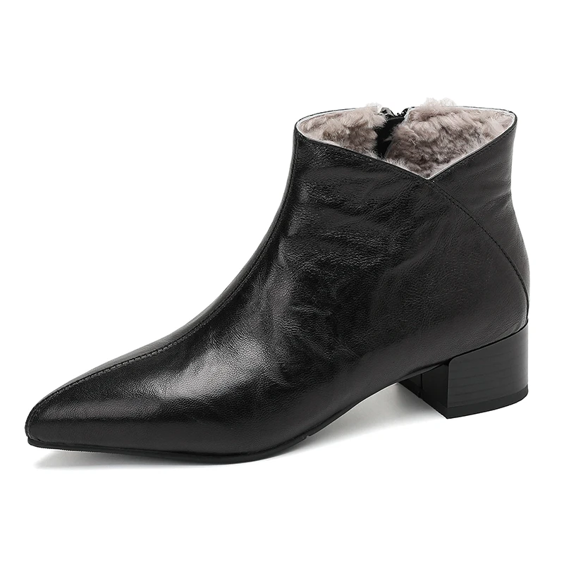 

Winter Women's Fashion Pure Wool Ankle Boots - Genuine Sheepskin High Quality Shoes Women Thick Heel Pointed Toe Black Brown QY1