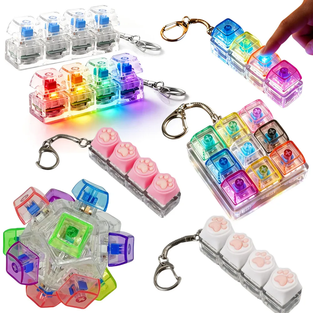 LED Light-Up Keychain Keyboard Clickable Button Fidget Toy for Stress Anxiety Relief Portable Desk Accessory Office Decor Gift